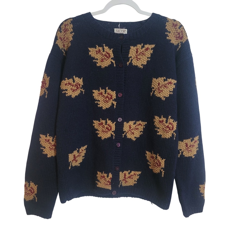 Skyr Sportswear Navy Blue Shetland Wool Leaf Knit Cardigan Sweater Size 38 Med